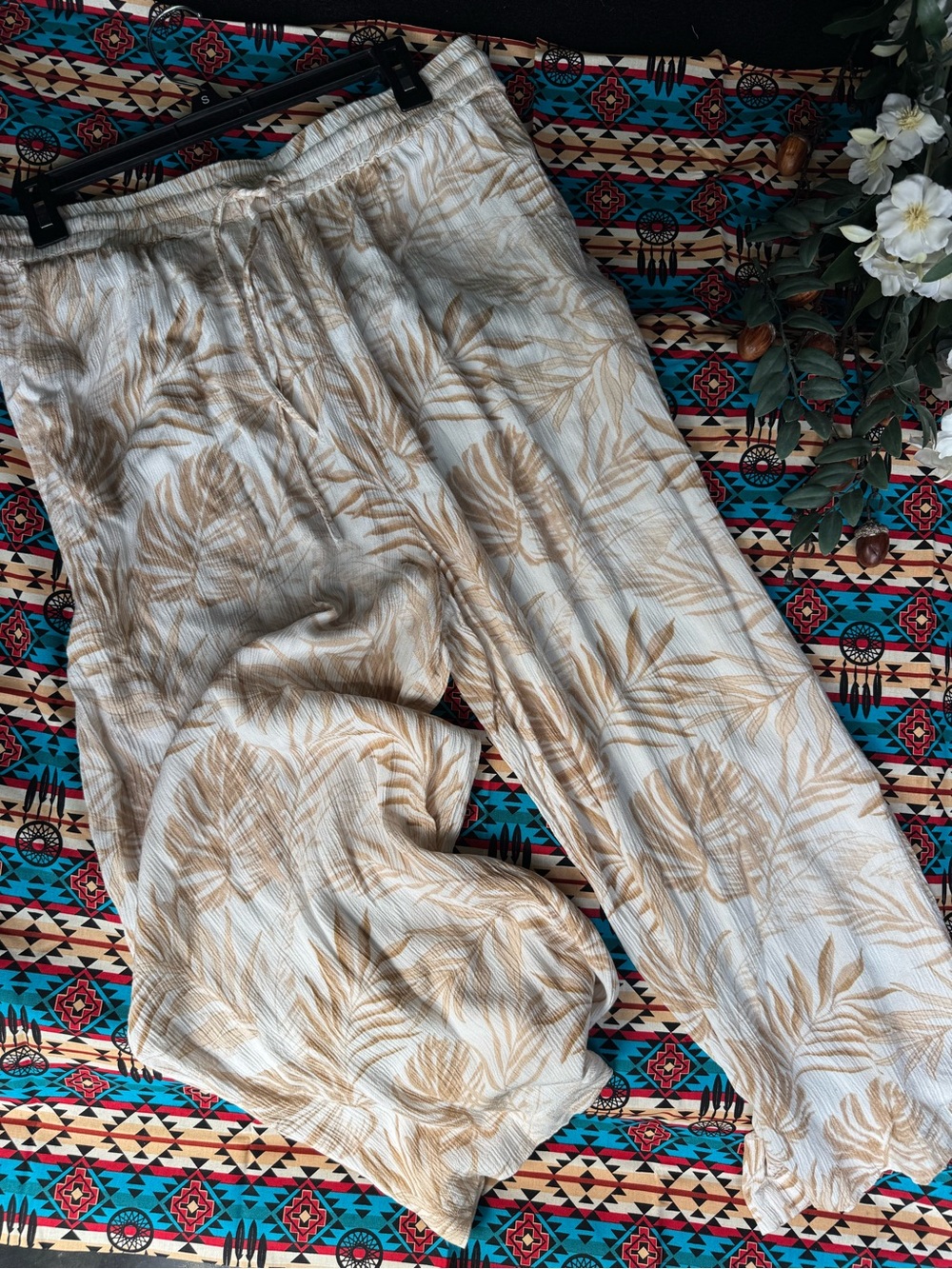 Coral Bay Cream and Tan Palm-Print Wide Leg Pants